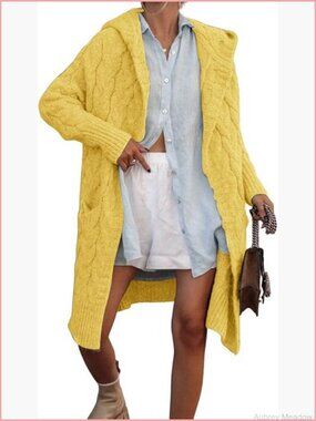 Cable Knit Hooded Long Cardigan Open Front Slouchy Sweater Coat with Pockets